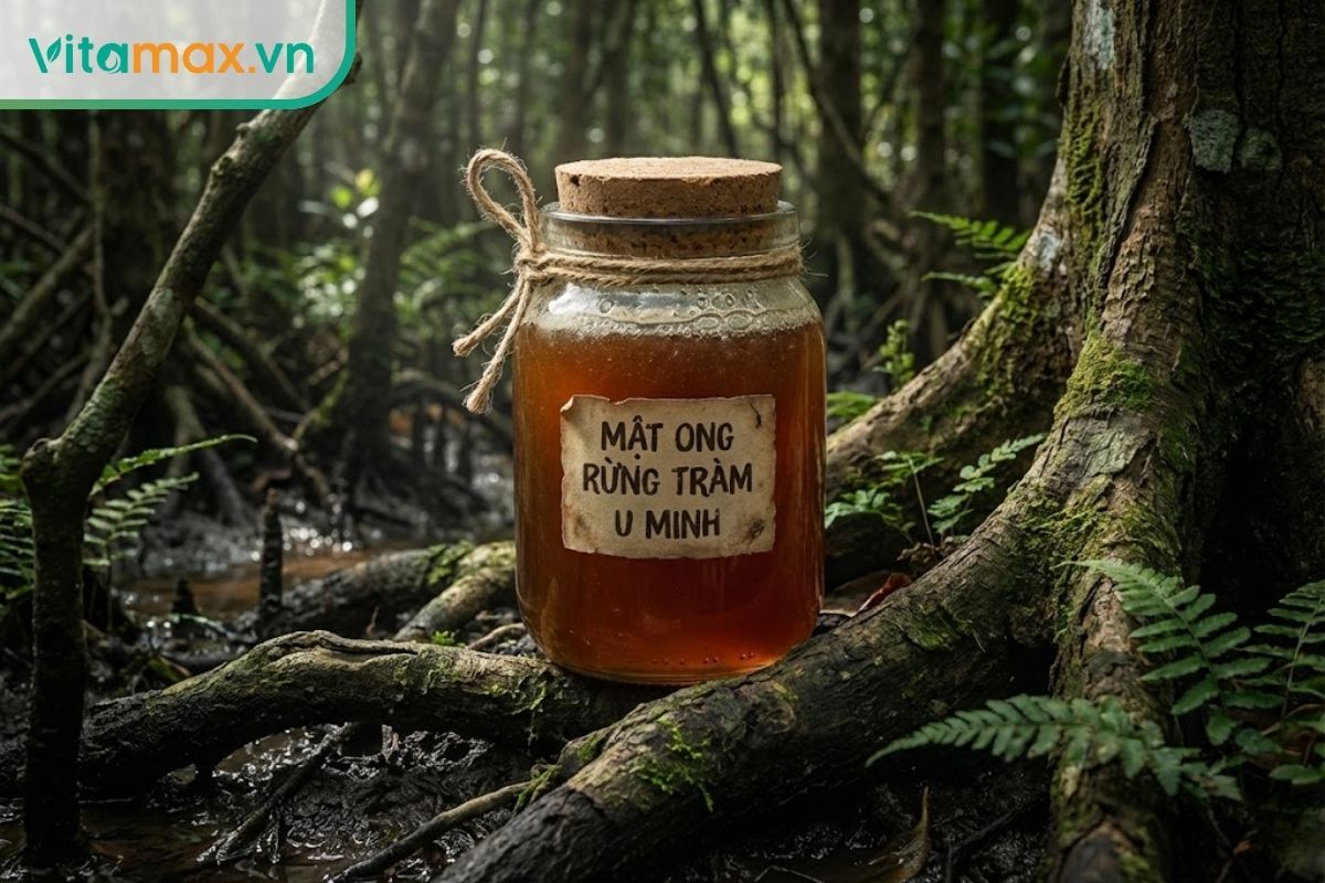 Hũ mật ong rừng tràm U Minh có màu vàng cam đậm đặc trưng, đặt trong bối cảnh rừng ngập mặn tự nhiên.