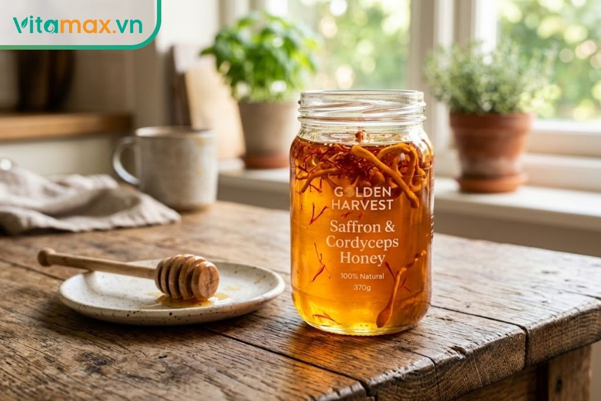 Hũ thủy tinh chứa mật ong sánh vàng ngâm cùng sợi nhụy hoa nghệ tây đỏ và nấm đông trùng hạ thảo màu cam, đặt trên bàn gỗ cạnh cửa sổ.