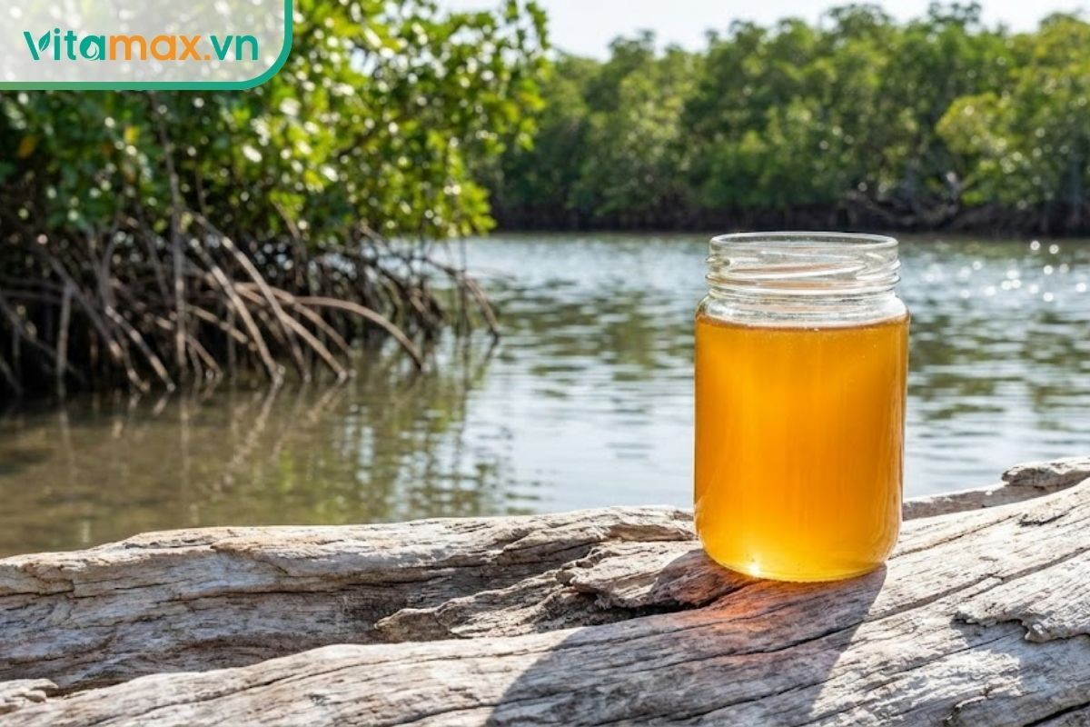 Mật ong hoa sú vẹt màu vàng mơ trong vắt, bối cảnh rừng ngập mặn ven biển.