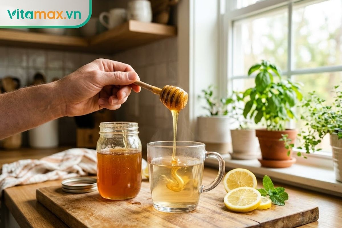 Bàn tay đang dùng thìa gỗ rót từ từ mật ong nguyên chất vào một ly nước ấm trên bàn bếp sáng sủa để uống vào buổi sáng.