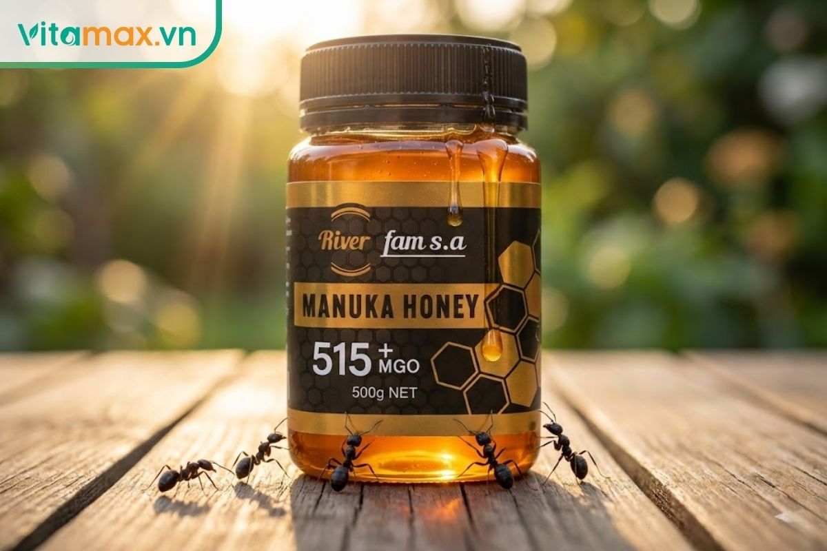 Hũ mật ong nguyên chất màu vàng hổ phách dưới ánh nắng tự nhiên, có một vài con kiến đang tiếp cận để minh họa cho câu hỏi mật ong thật có bị kiến bu không.