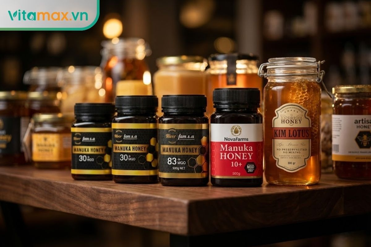 ác hũ mật ong cao cấp với nhãn mác sang trọng được bày trên kệ gỗ, ánh sáng ấm áp tạo cảm giác tin cậy.