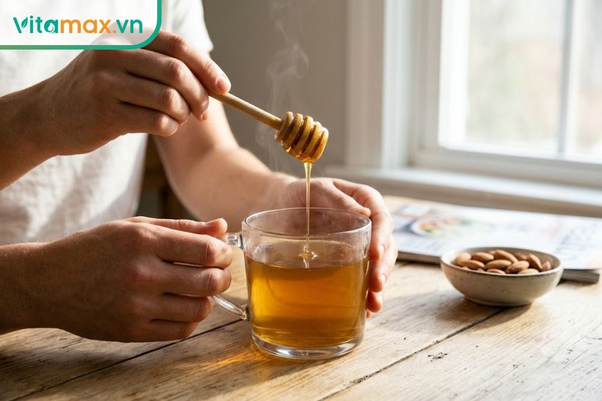 Bàn tay người đang dùng thìa gỗ khuấy một lượng nhỏ mật ong vào cốc trà trong suốt, bối cảnh bàn ăn sáng lành mạnh với ánh sáng tự nhiên.