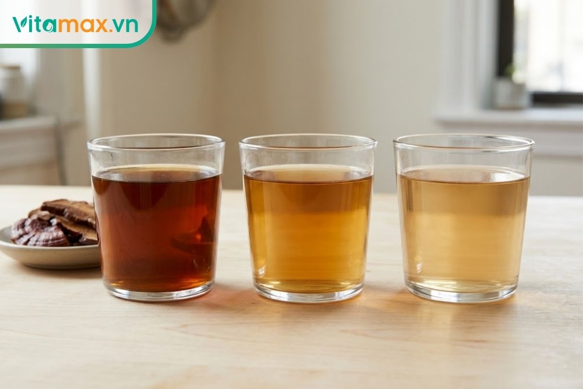 Ba cốc nước nấm linh chi đặt cạnh nhau có sắc độ từ nâu hổ phách đậm đến vàng nâu nhạt, thể hiện sự thay đổi màu qua các lần hãm.