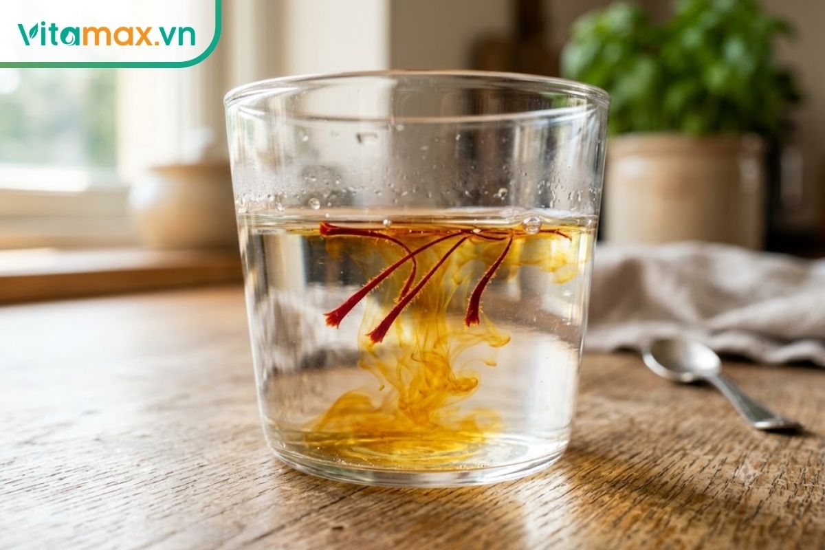 Vài sợi nhụy hoa nghệ tây đỏ thẫm đang được ngâm trong một ly thủy tinh chứa nước ấm, từ từ nhả ra màu vàng cam óng ánh đẹp mắt.