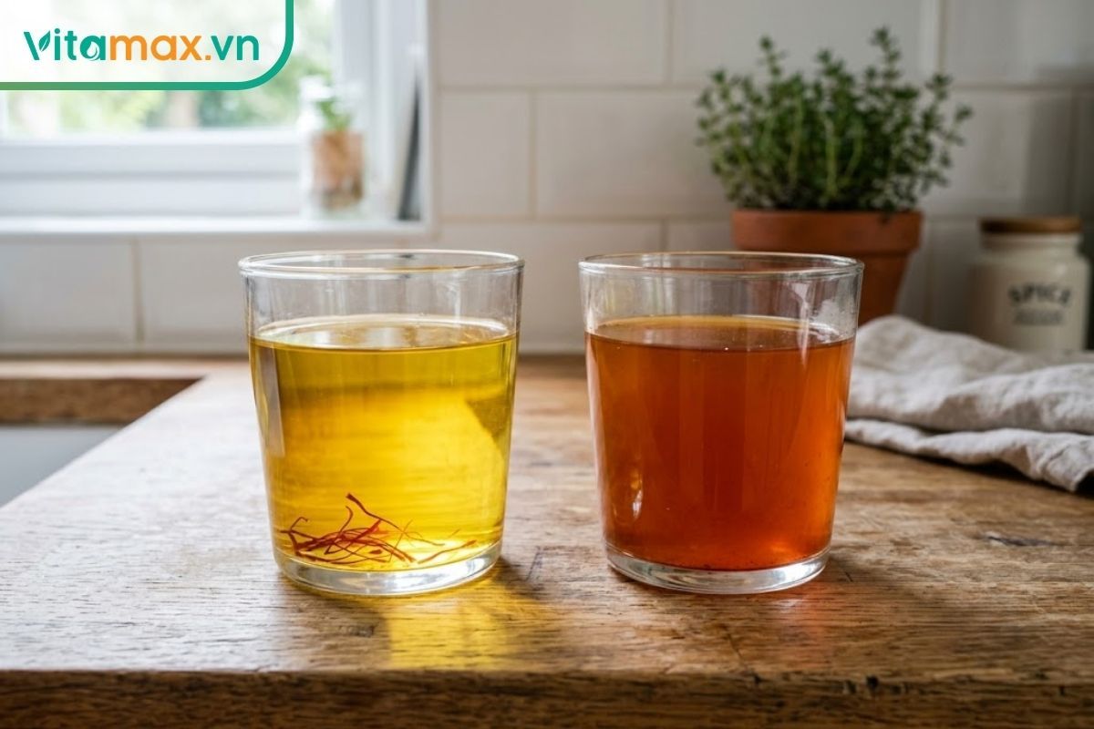 Hai ly thủy tinh đựng nước saffron đặt cạnh nhau. Ly bên trái có màu nước vàng óng trong trẻo của saffron thật, ly bên phải có màu cam đỏ vẩn đục của saffron kém chất lượng.