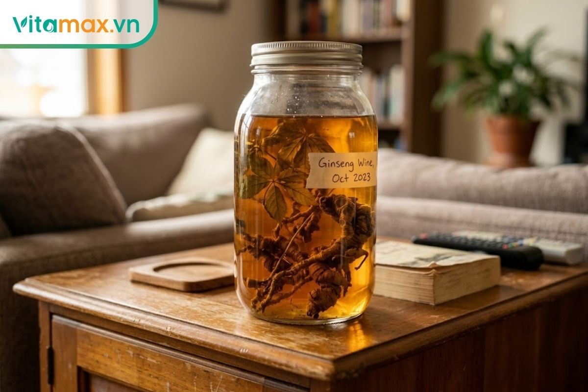 Bình rượu sâm Ngọc Linh ngâm thành công có màu vàng hổ phách trong suốt, củ sâm giữ nguyên hình dáng, không nổi bọt khí.