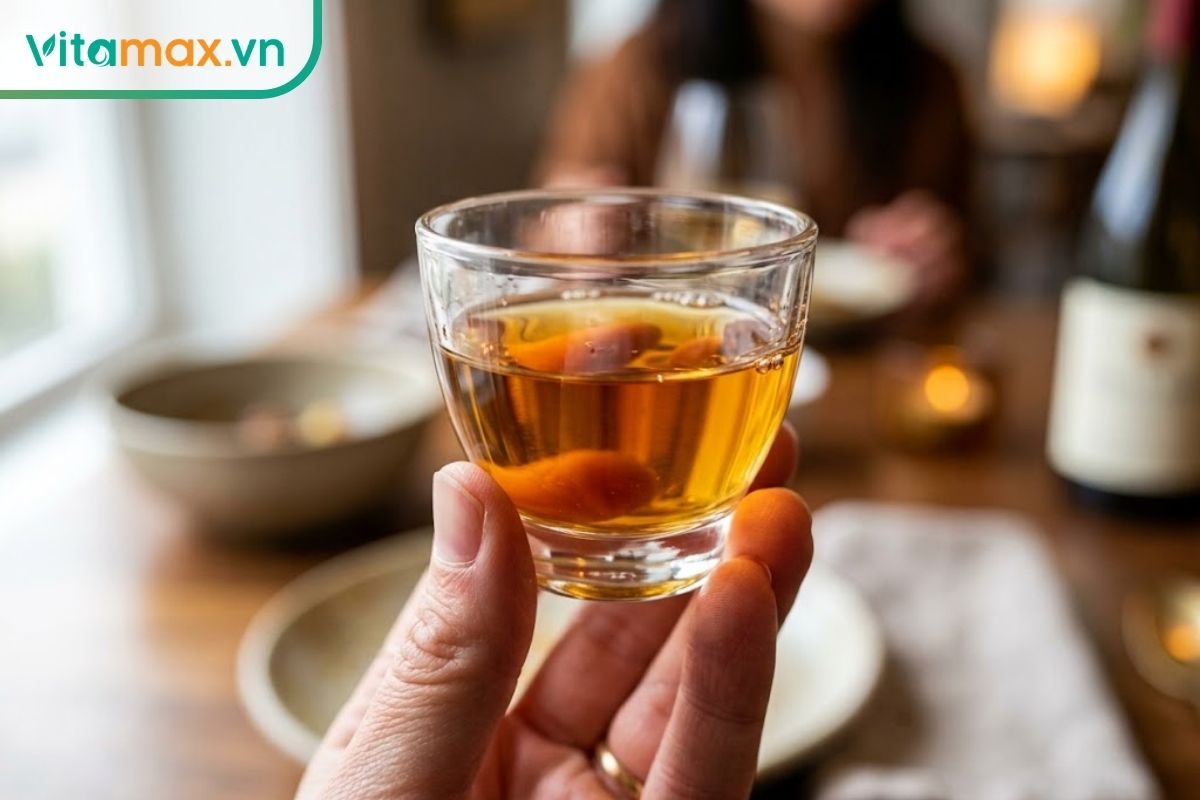 Cận cảnh một ly rượu thủy tinh nhỏ đựng rượu sâm màu vàng hổ phách trong vắt, không có cặn đục, được chiếu sáng bởi ánh nắng tự nhiên.