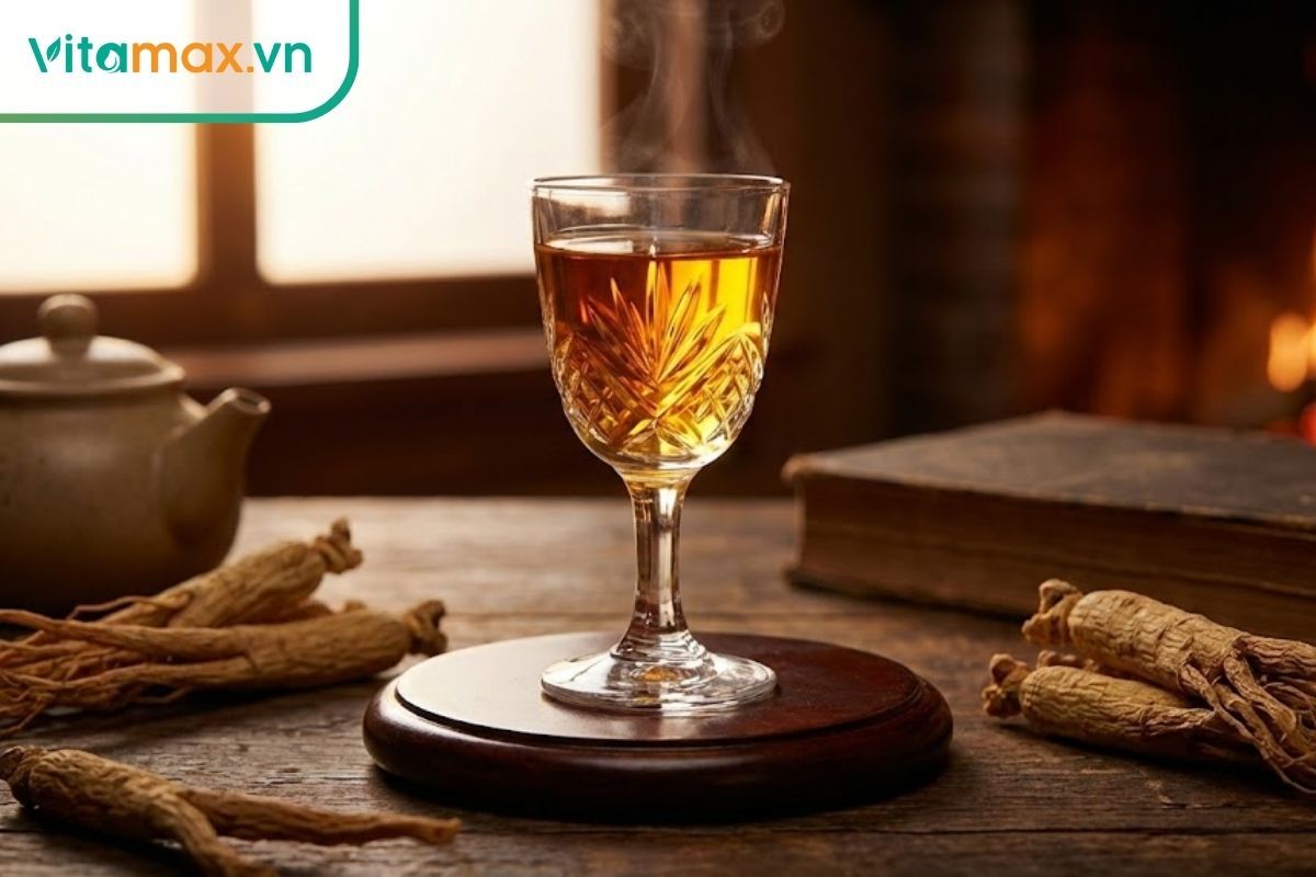 ly rượu sâm đông trùng hạ thảo có màu vàng nâu trong suốt đạt chuẩn chất lượng