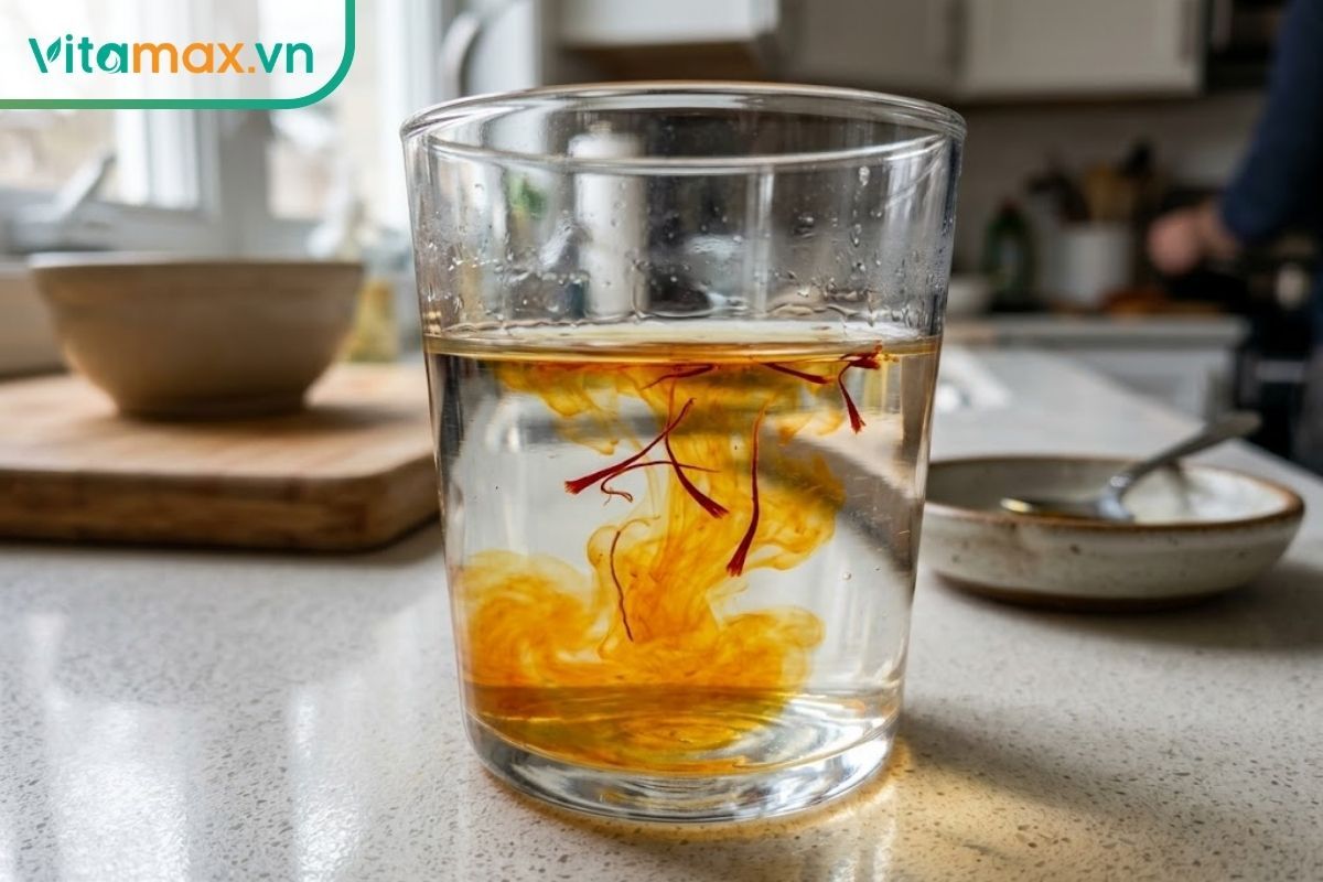 Sợi nhụy hoa nghệ tây thật đang từ từ tiết ra màu vàng cam óng ả đặc trưng nhờ hoạt chất Crocin khi ngâm trong nước.