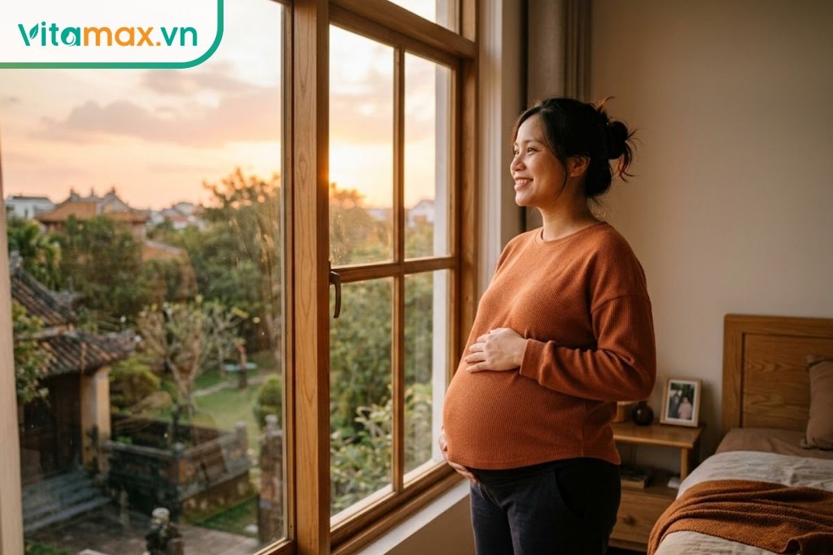 Phụ nữ mang thai khỏe mạnh, rạng rỡ, tay đặt lên bụng bầu, đứng bên cửa sổ nhìn ra cảnh hoàng hôn ấm áp với vẻ mặt an tâm và tràn đầy sức khỏe.