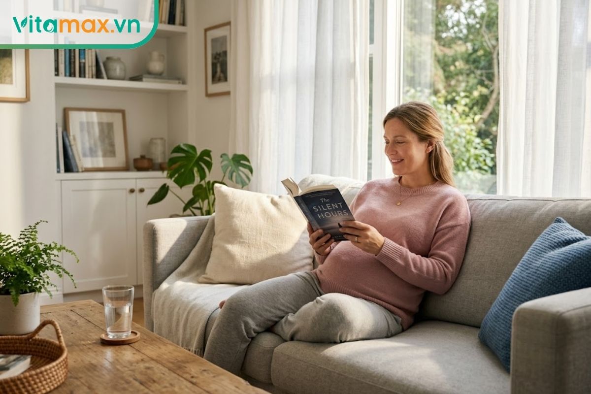 Mẹ bầu mặc đồ thun rộng rãi đang mỉm cười nhẹ nhàng khi ngồi đọc sách trên sofa phòng khách ngập nắng.