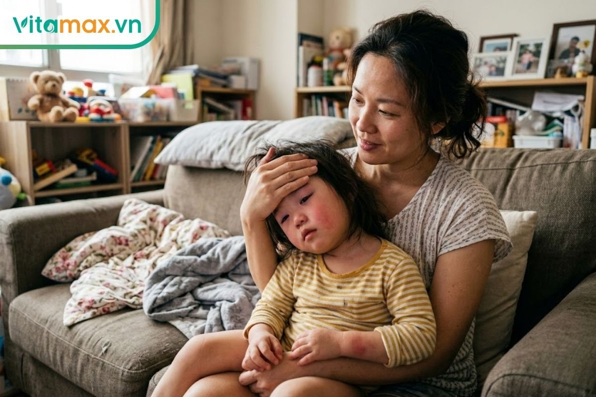 Mẹ đang ân cần chăm sóc và vỗ về khi bé có dấu hiệu bị ho và cảm lạnh.