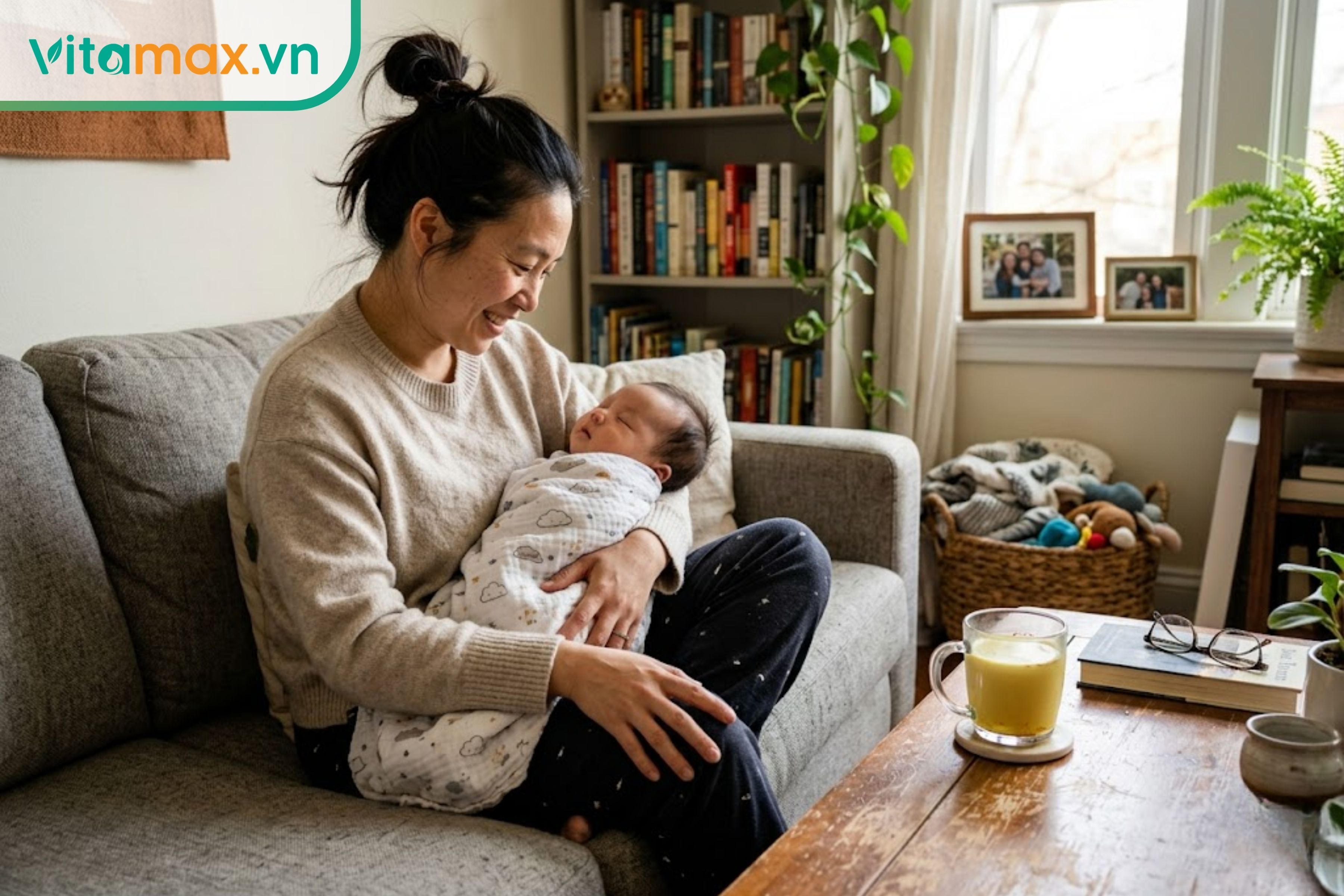 Hình ảnh đời thường của một người mẹ bỉm sữa đang ngồi thư giãn bên ly sữa saffron ấm trong khi em bé đang ngủ ngoan.
