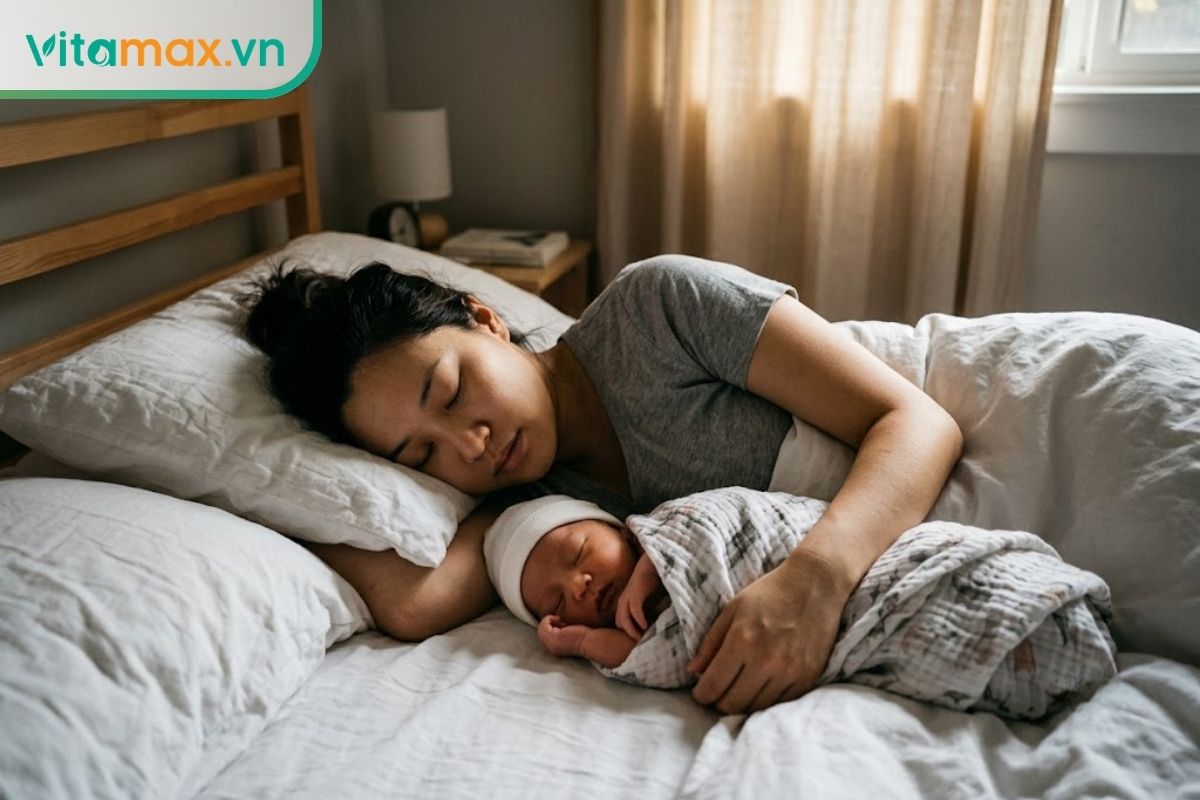 Người mẹ đang nằm ngủ say sưa trên giường với nụ cười nhẹ, bên cạnh là em bé sơ sinh đang ngủ ngoan trong lớp chăn mềm, ánh sáng phòng ngủ dịu nhẹ.