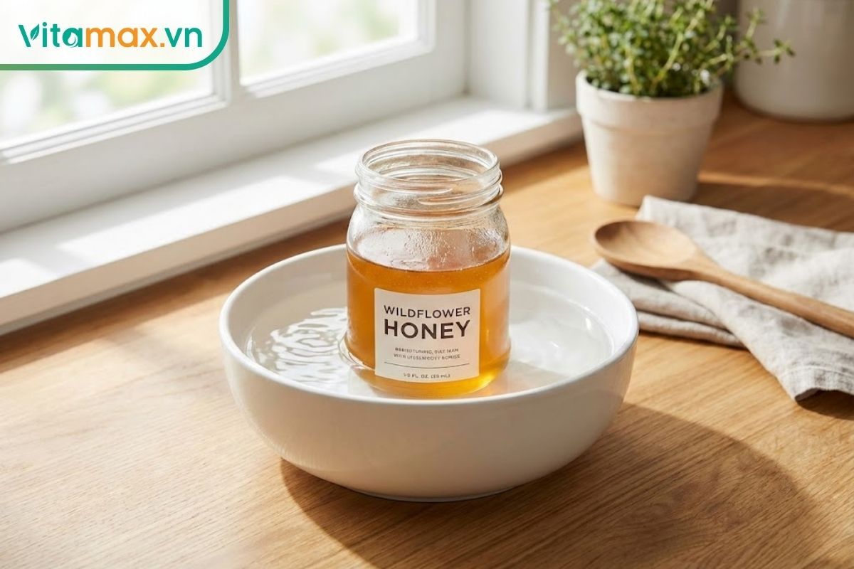 Hũ mật ong đặt giữa một bát nước sạch để tạo hào rào ngăn kiến bu vào mật.