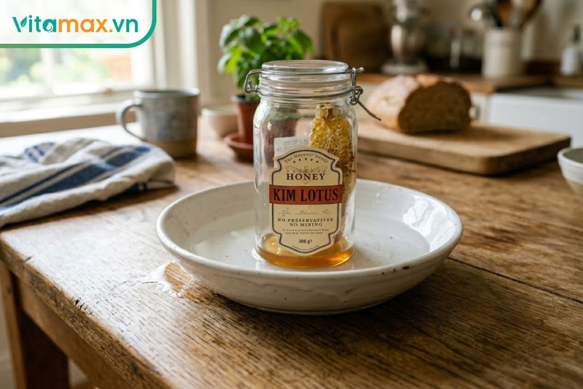 Mẹo đặt hũ mật ong vào một bát nước nông giúp tạo rào cản vật lý ngăn kiến.