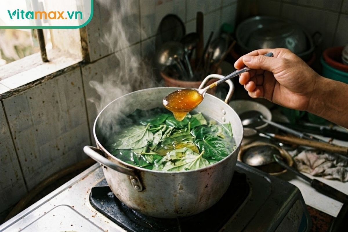 Nồi nước lá trầu không tươi đang đun sôi lăn tăn, chuẩn bị pha cùng mật ong nguyên chất để súc miệng.