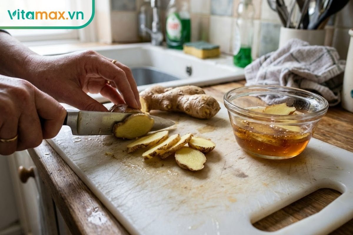 Gừng tươi thái lát mỏng ngâm cùng mật ong nguyên chất, bài thuốc dân gian giúp ấm họng và thơm miệng.