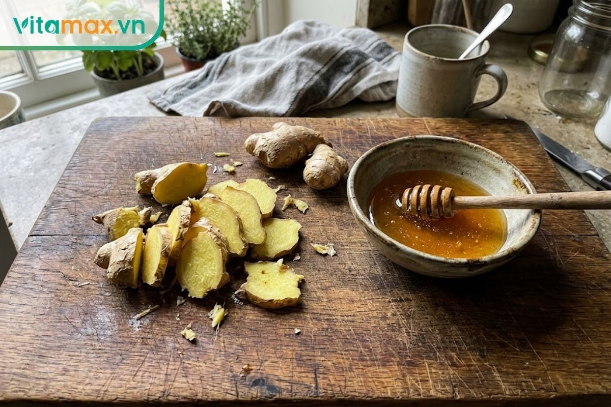 Hình ảnh chân thực các lát gừng tươi bên cạnh một hũ nhỏ chứa mật ong nguyên chất trên thớt gỗ, bộ đôi giúp làm ấm họng và giảm ngáy.