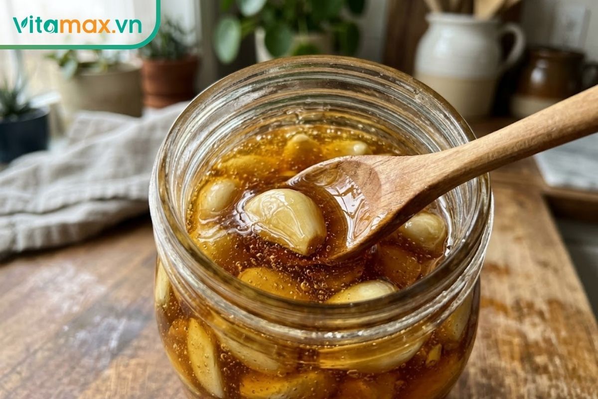 Cận cảnh các tép tỏi được dìm ngập hoàn toàn dưới lớp mật ong dẻo đặc để tránh nấm mốc và biến chất.