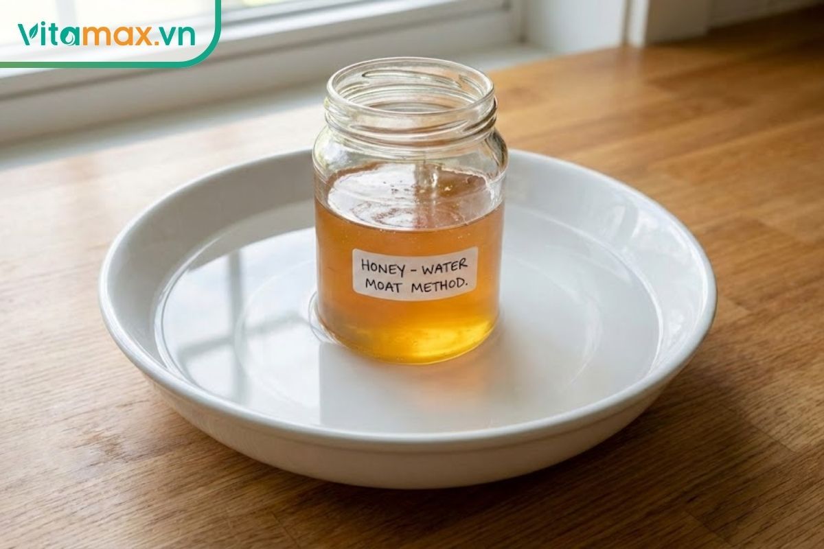 Hũ mật ong được đặt giữa một bát nước sạch tạo thành hào nước ngăn kiến xâm nhập, minh họa mẹo xử lý kiến an toàn.