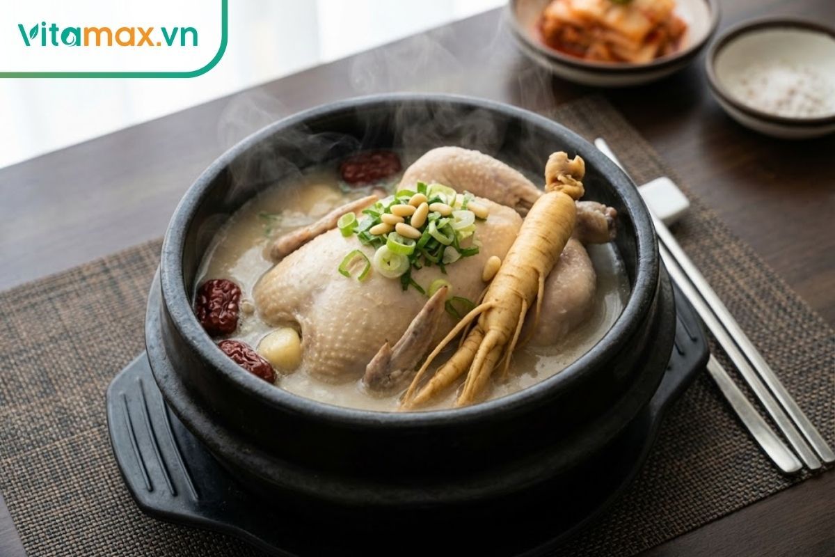 Bát canh gà hầm sâm Hàn Quốc nóng hổi với nguyên củ sâm và táo đỏ.