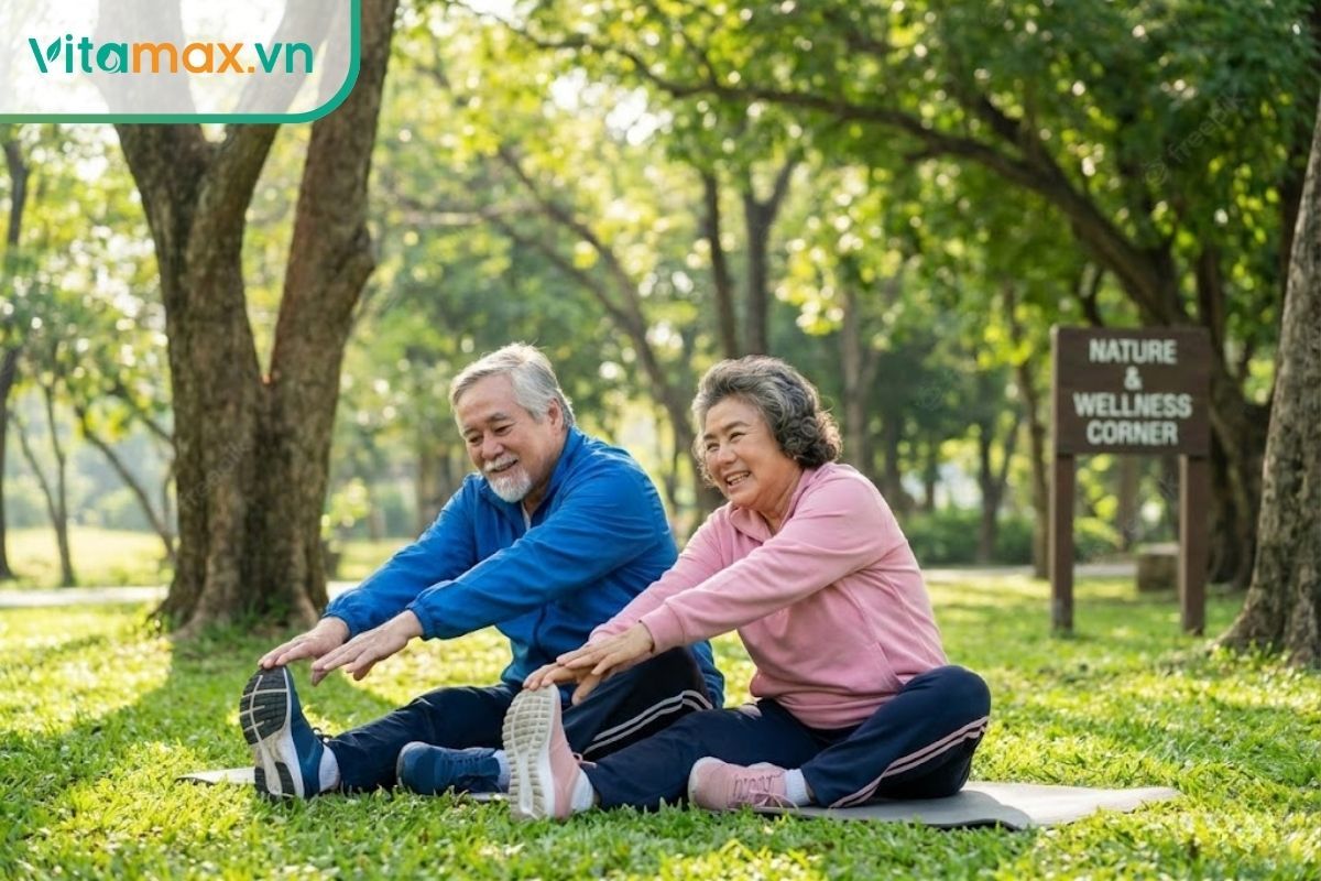 Cặp vợ chồng cao tuổi tập thể dục nhẹ nhàng ngoài công viên, thể hiện tinh thần sống vui sống khỏe.