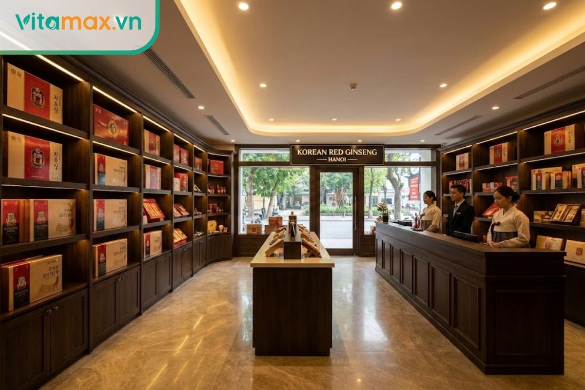 Không gian showroom trưng bày hồng sâm Hàn Quốc cao cấp, sang trọng tại Hà Nội.