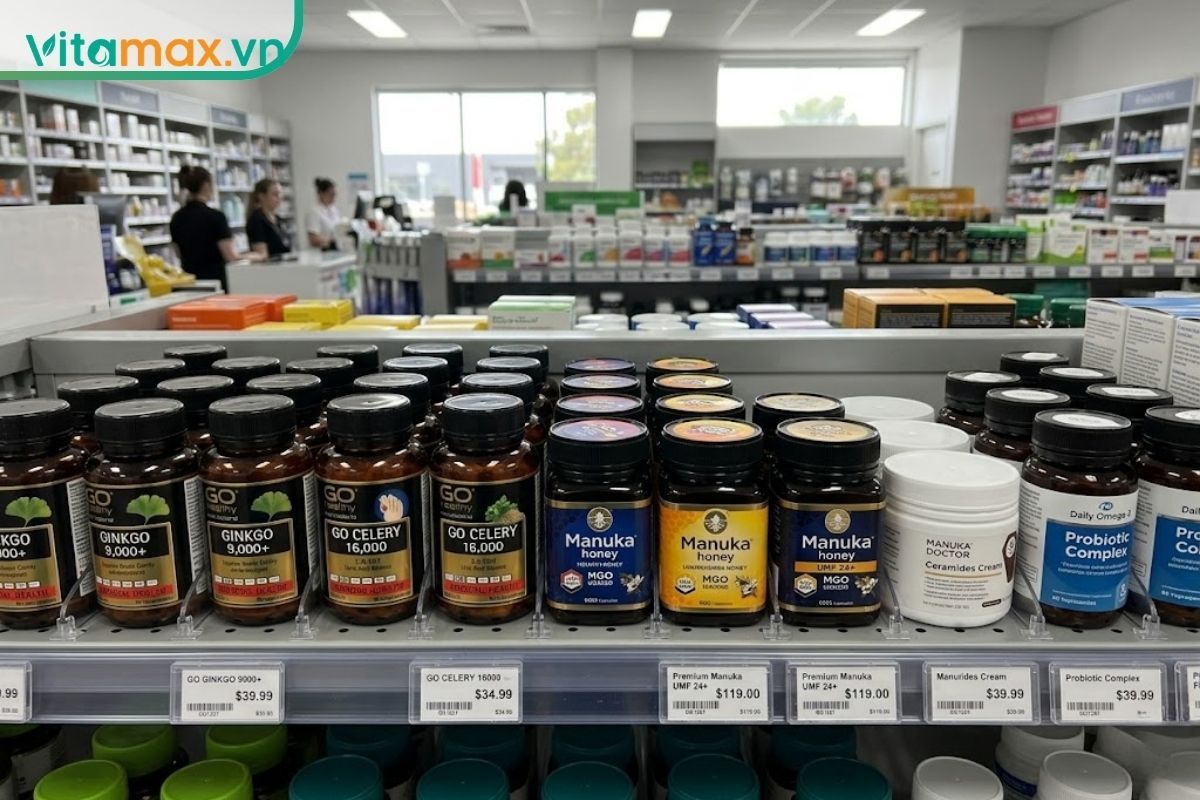Một góc kệ trưng bày các sản phẩm sức khỏe và mật ong Manuka tại một nhà thuốc, nơi người dùng có thể dễ dàng tìm mua các thương hiệu uy tín.