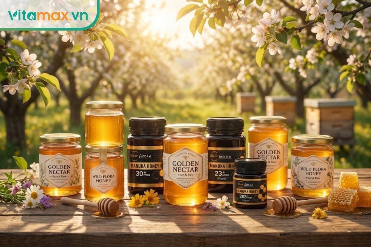 Các chai mật ong cao cấp Vitamax được sắp xếp gọn gàng trên bàn gỗ với bối cảnh thiên nhiên trong lành.