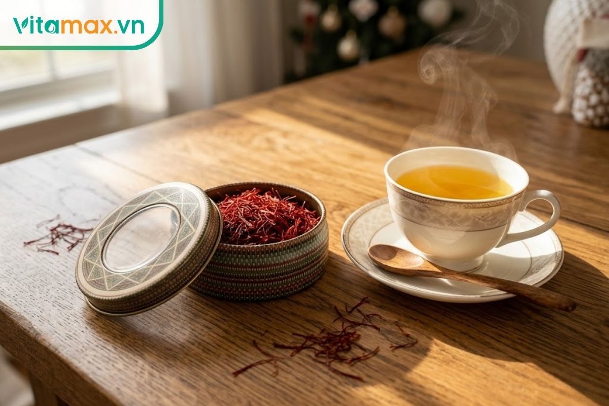 Một hộp đựng saffron cao cấp với những sợi đỏ thẫm được đặt cạnh một tách trà ấm nóng trong không gian thư giãn.