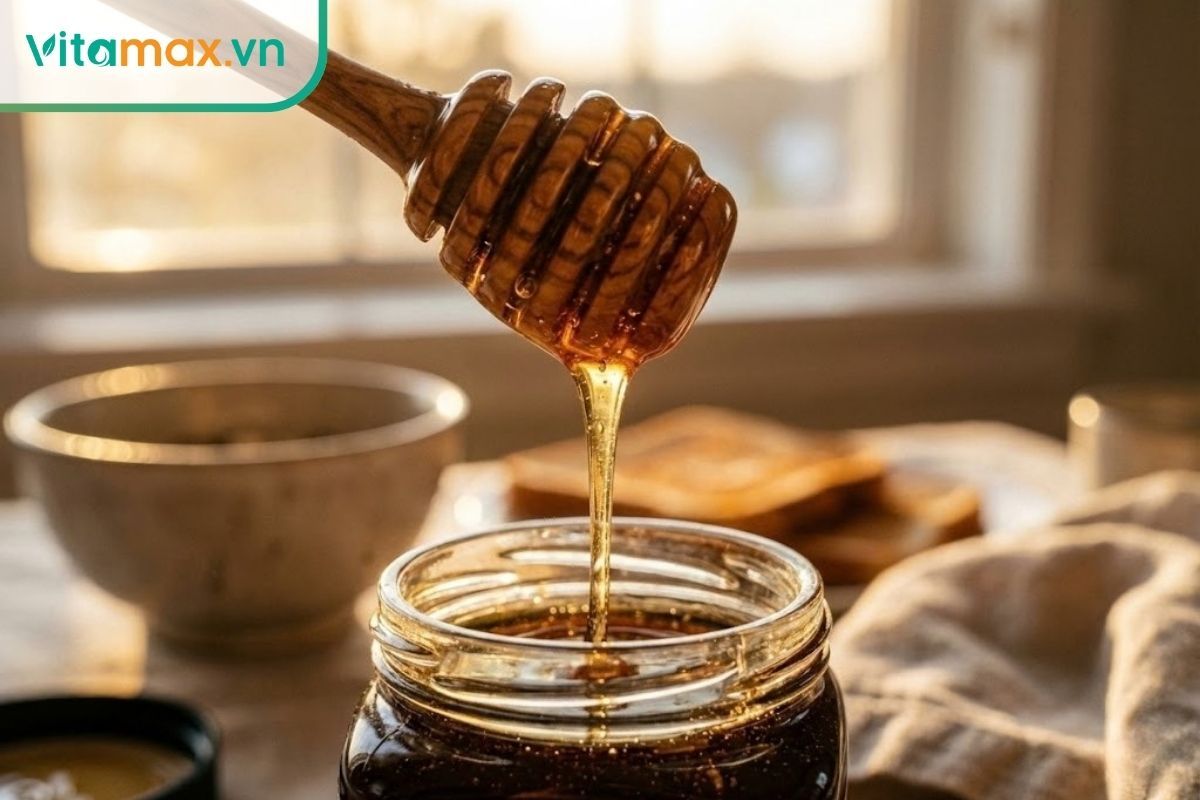 Cây lấy mật ong bằng gỗ (honey dipper) với các rãnh xoắn giúp giữ mật ong không bị rơi rớt.