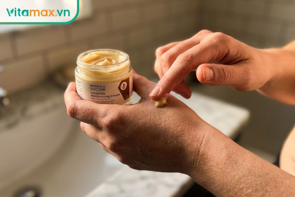 Hình ảnh đời thường một người phụ nữ đang lấy một lượng nhỏ kem dưỡng da chiết xuất từ mật ong Manuka và nọc ong để thoa lên mu bàn tay.