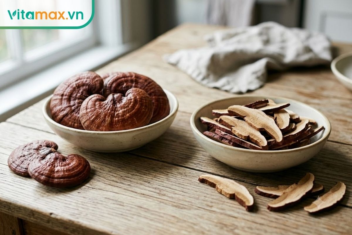 Nấm linh chi đỏ khô thái lát được xếp trong đĩa, thể hiện phần ruột màu nâu nhạt, viền sẫm màu và kết cấu gỗ của tai nấm.