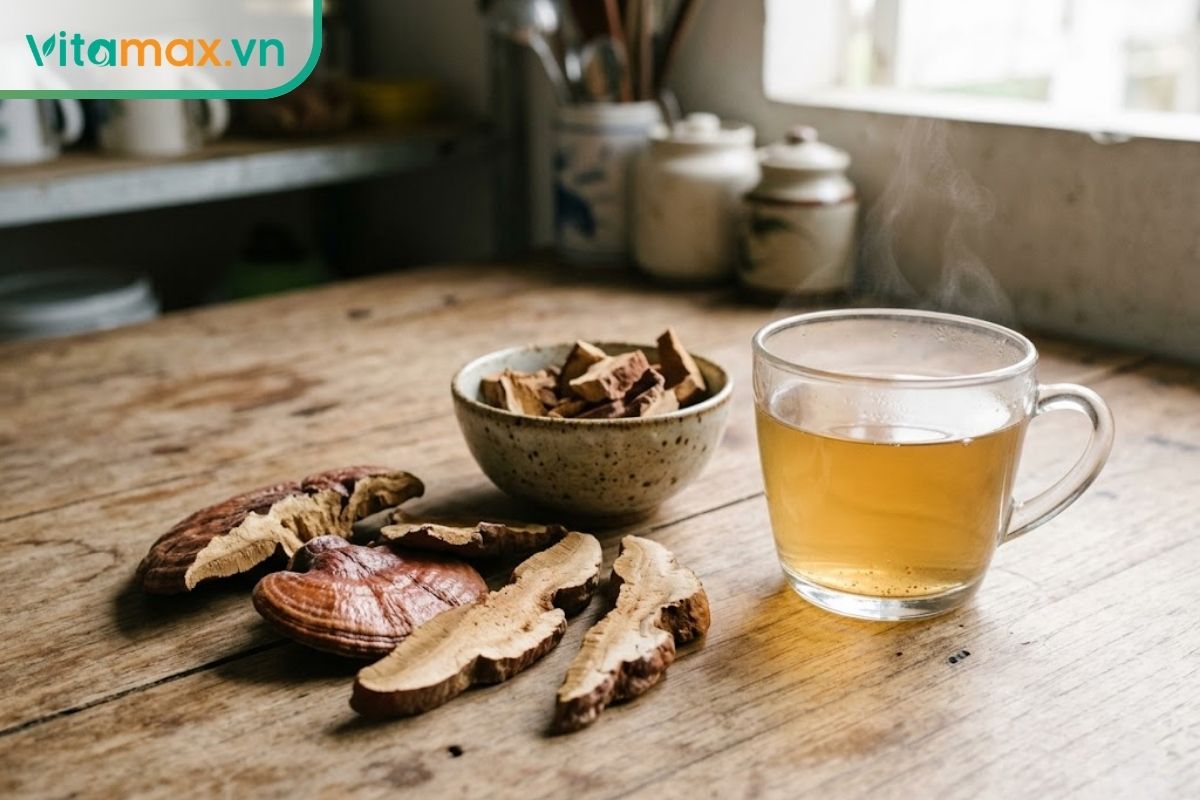 Các lát nấm linh chi khô màu nâu đỏ đặt cạnh tách nước thảo mộc trên mặt bàn gỗ sáng, với ánh nắng nhẹ từ cửa sổ.