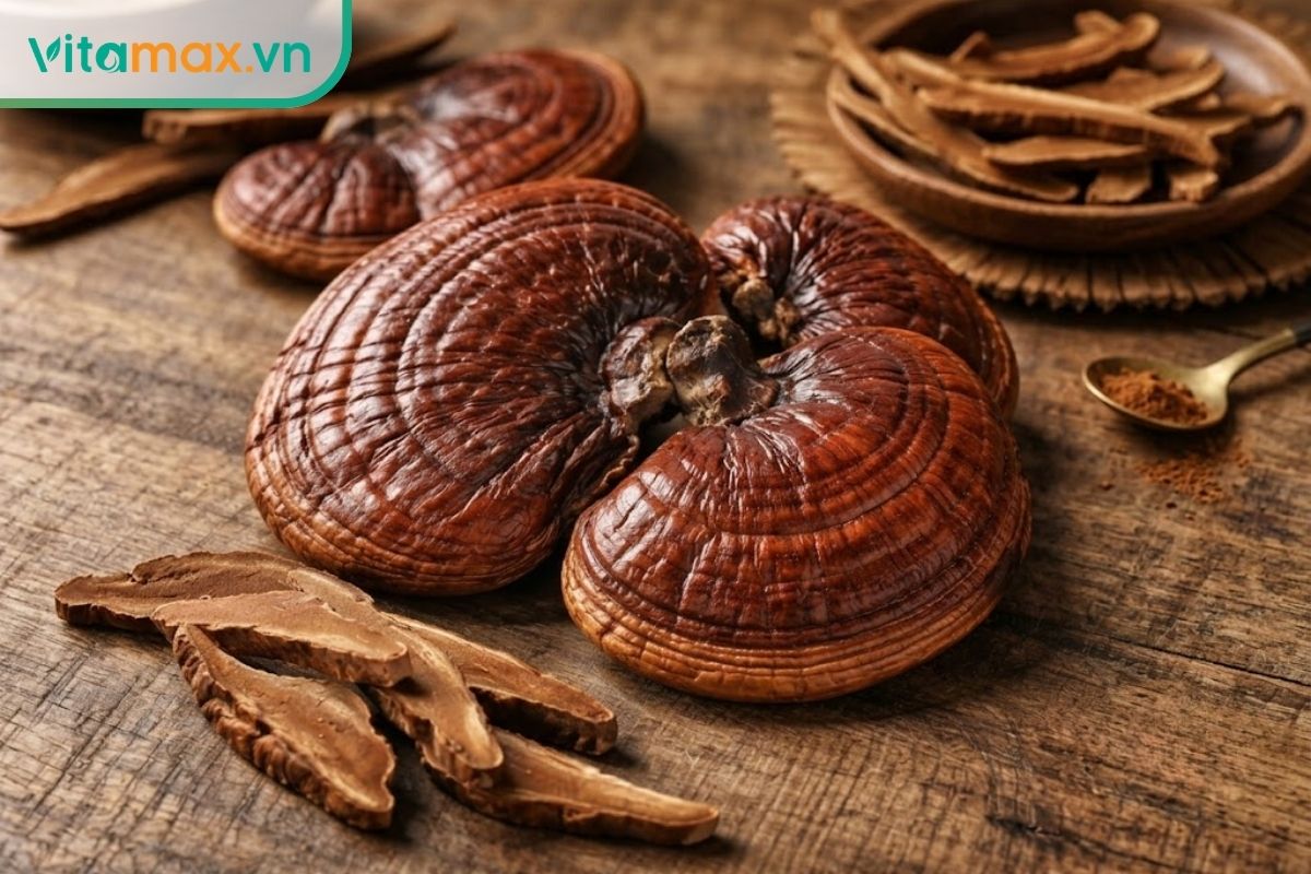 Một tai nấm linh chi màu nâu đỏ đặt cạnh các lát nấm khô trên bàn gỗ, ánh sáng cửa sổ làm rõ bề mặt bóng và thớ nấm.