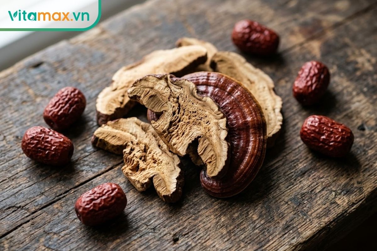 Cận cảnh các lát nấm linh chi đỏ khô chất lượng cao đặt trên mặt bàn gỗ, bề mặt lát nấm rõ vân gỗ tự nhiên và viền vỏ màu nâu đỏ đặc trưng.