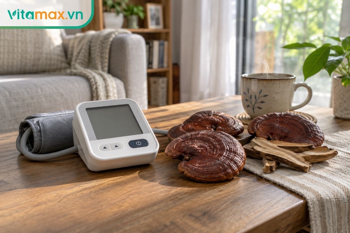 Máy đo huyết áp điện tử đặt cạnh những lát nấm linh chi đỏ và một tách trà trên bàn gỗ trong không gian phòng khách gia đình.