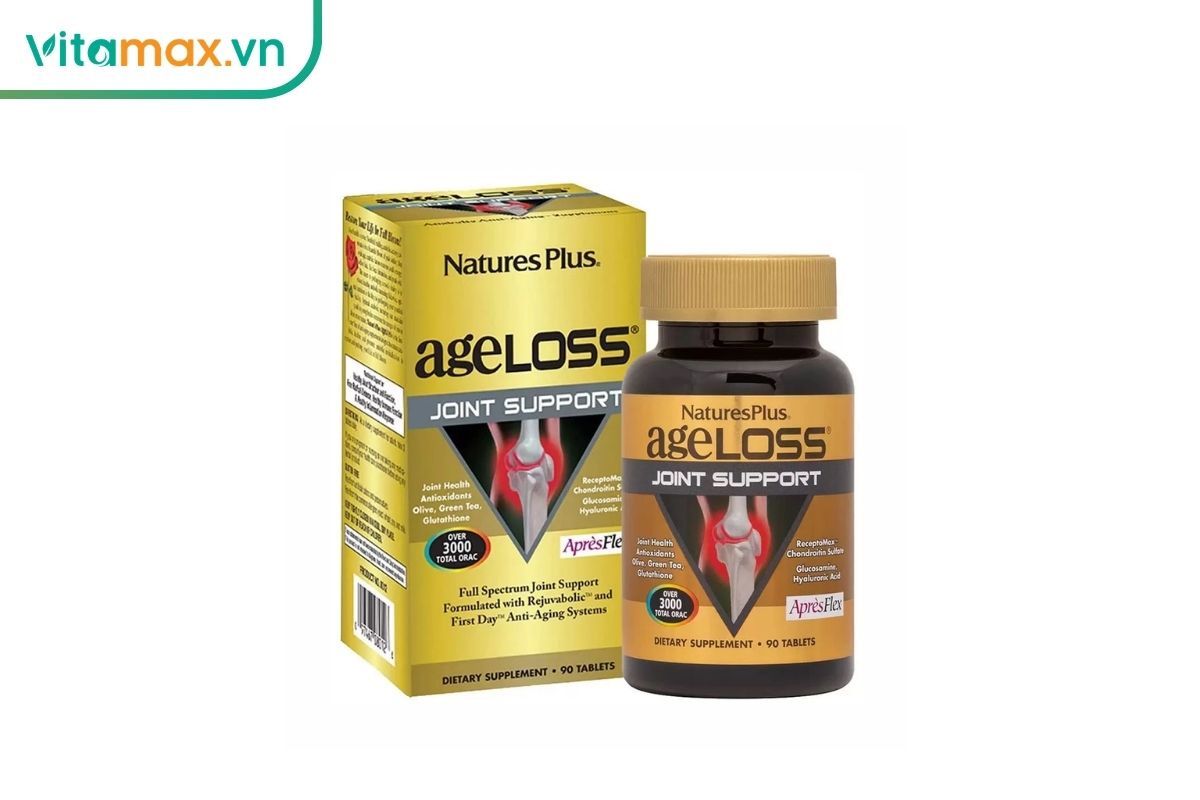 Hộp và lọ Natures Plus AgeLoss Joint Support 90 viên màu vàng nâu, thể hiện dòng thực phẩm bổ sung dành cho khớp.