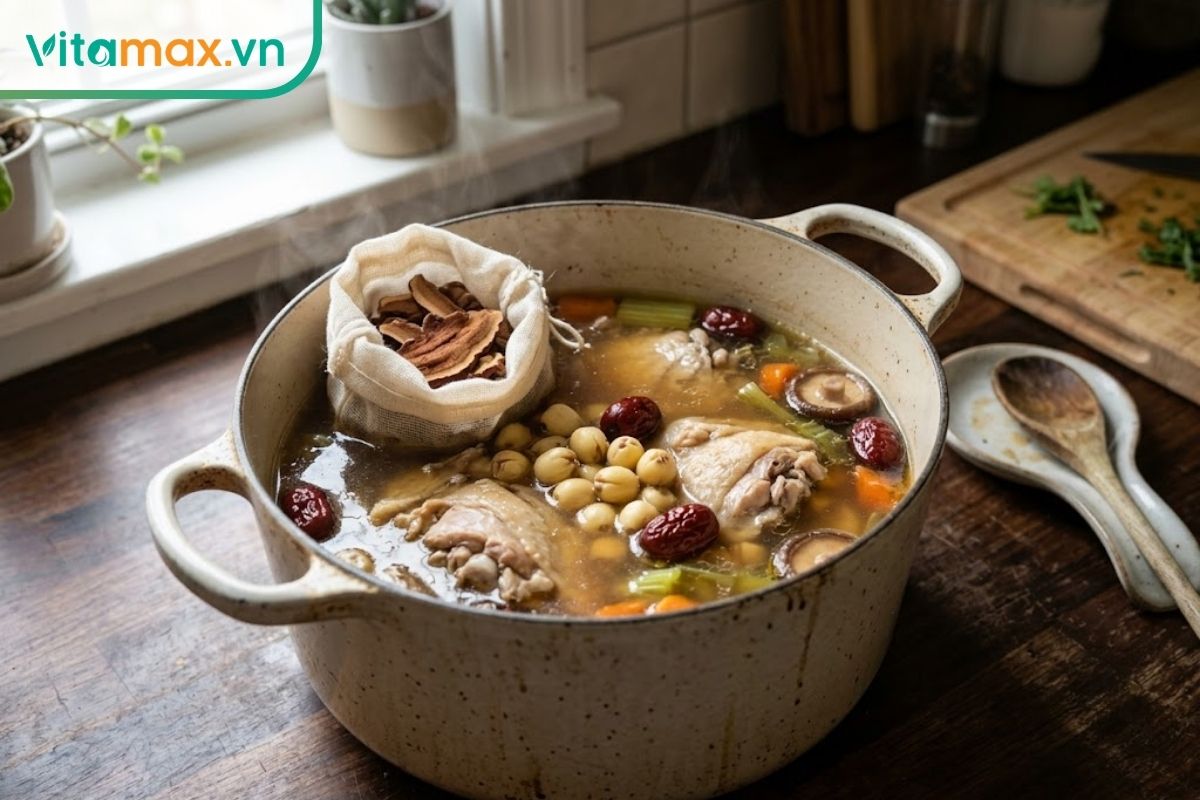 Nồi canh hầm với gà, hạt sen, táo đỏ và túi nấm linh chi, minh họa cách kết hợp linh chi trong món ăn.