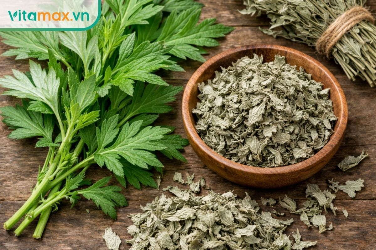 Lá ngải cứu tươi đặt cạnh ngải cứu khô trong bát gỗ trên mặt bàn, minh họa hai dạng nguyên liệu thường gặp.