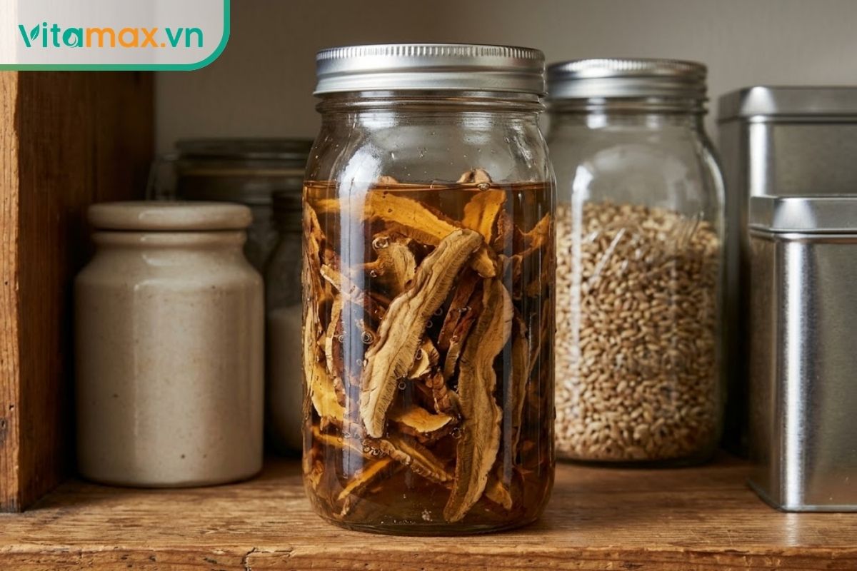 Bình thủy tinh chứa nấm linh chi khô được ngâm ngập trong rượu, đặt tại nơi khô mát để minh họa cách chuẩn bị.