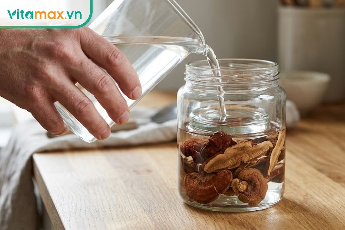 Nấm linh chi khô thái lát được ngâm ngập trong bình thủy tinh kín, có vỉ giữ nguyên liệu dưới bề mặt chất lỏng.