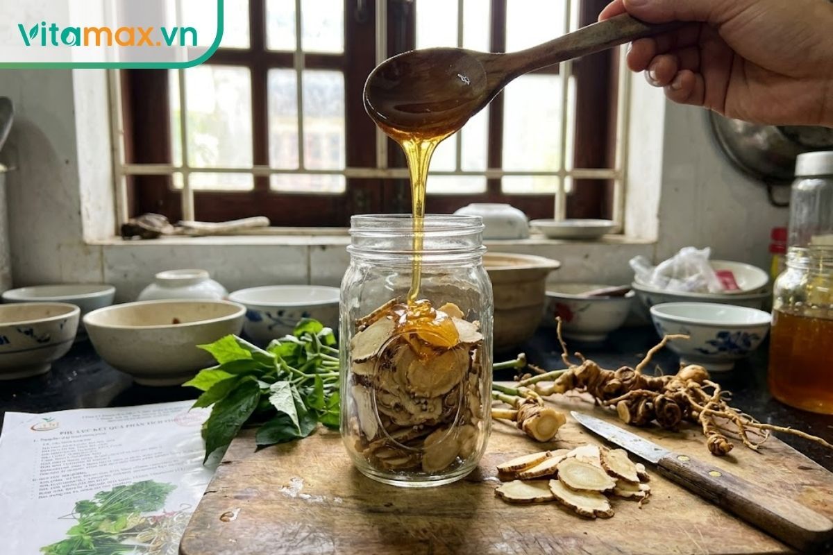 Những lát sâm Ngọc Linh tươi thái mỏng đang được xếp vào bình thủy tinh, chuẩn bị rót mật ong nguyên chất lên trên.