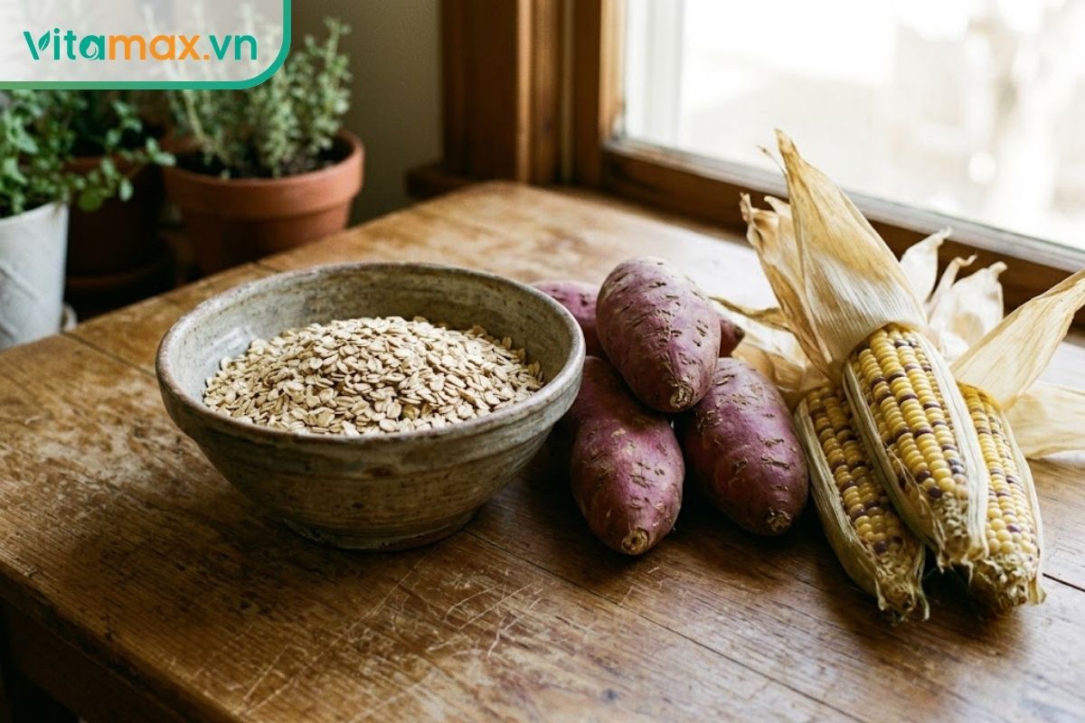 Một bát sứ đựng yến mạch nguyên hạt, bên cạnh là vài củ khoai lang tím và một bó ngô nếp còn vỏ, bối cảnh bếp nhà mộc mạc ngập ánh nắng.