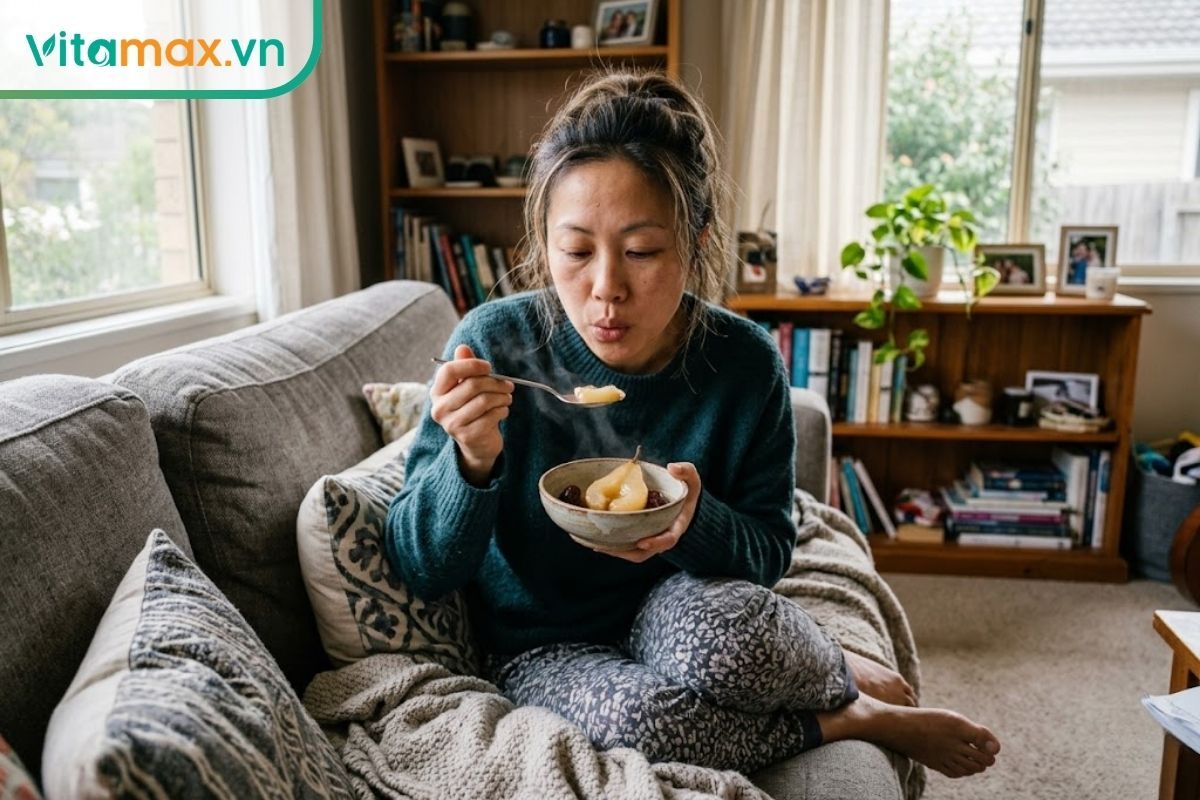 Một người đang mặc áo ấm, tay cầm bát lê hấp mật ong bốc khói nhẹ để làm dịu cổ họng trong ngày ốm mệt.