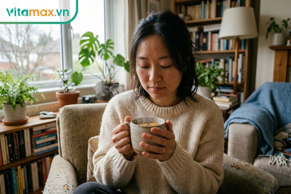 Người phụ nữ đang dùng hai tay ôm ly nước tắc chưng đường phèn mật ong trị ho ấp áp, khói bốc lên nhẹ nhàng để làm dịu họng.