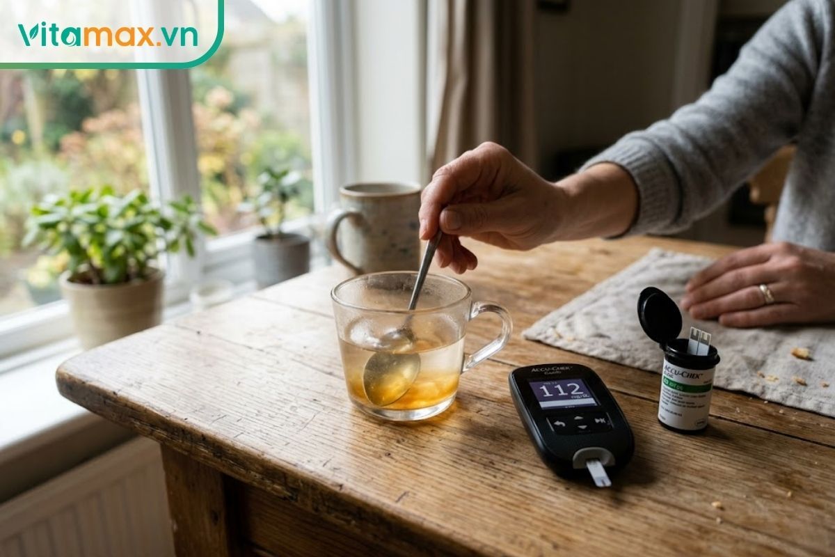 Hình ảnh thực tế một ly nước ấm pha mật ong đặt cạnh máy đo đường huyết cá nhân, minh họa việc người bị tiểu đường có uống được mật ong không.