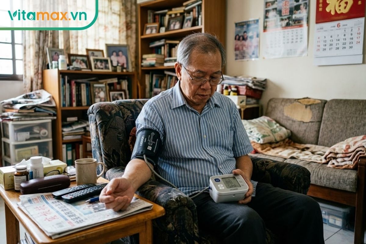 Bệnh nhân lớn tuổi đang tự đo huyết áp bằng máy điện tử tại nhà. Người bị cao huyết áp chưa ổn định tuyệt đối không nên tự ý dùng sâm Ngọc Linh.